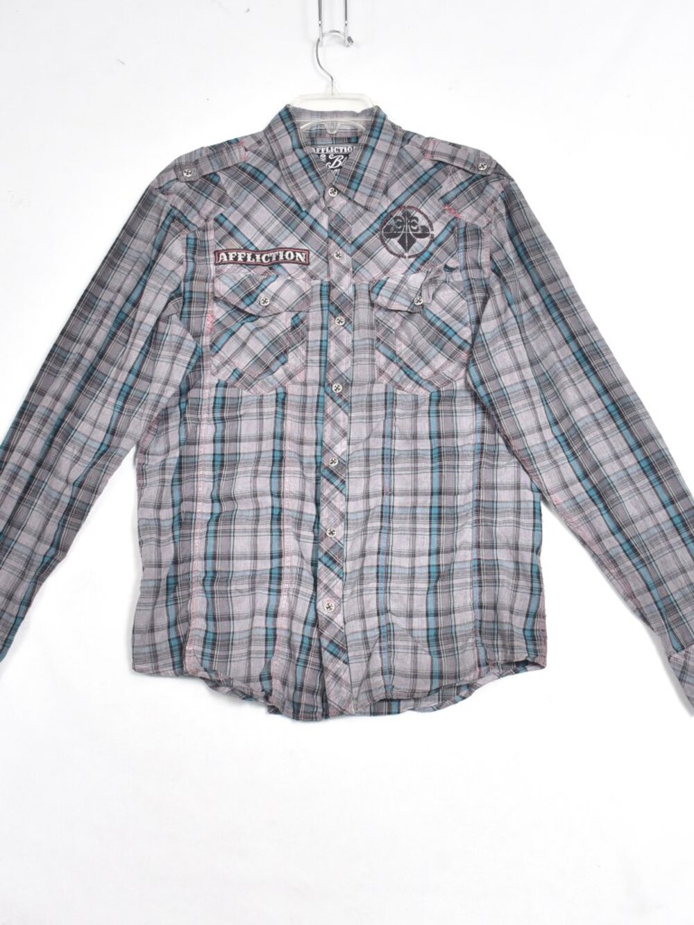 Affliction Black Premium Embroidered Long Sleeve Men's Blue Grey Plaid Shirt L